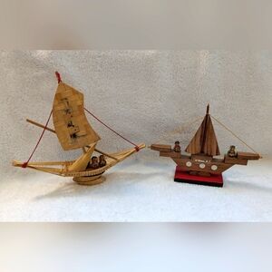 Pair of vintage 1970s miniature wooden/bamboo sailboats with Kokeshi dolls